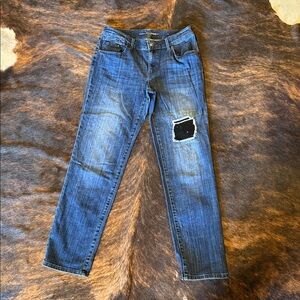 Chicos Distressed Blue Jeans with Black Sparkle Patch